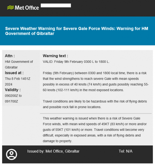 Severe Weather Warning for Severe Gale Force Winds